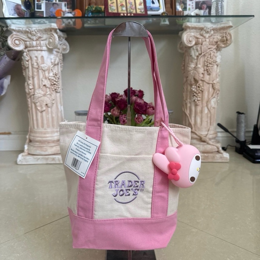 Pink and Cream Canvas Tote Bag with coin purse matching